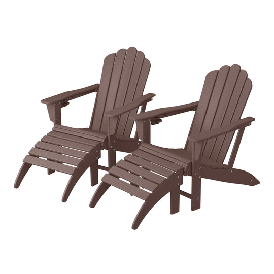 Highland 4-Piece Outdoor Patio HDPE Adirondack Chairs With Ottomans and Cup Holder Set