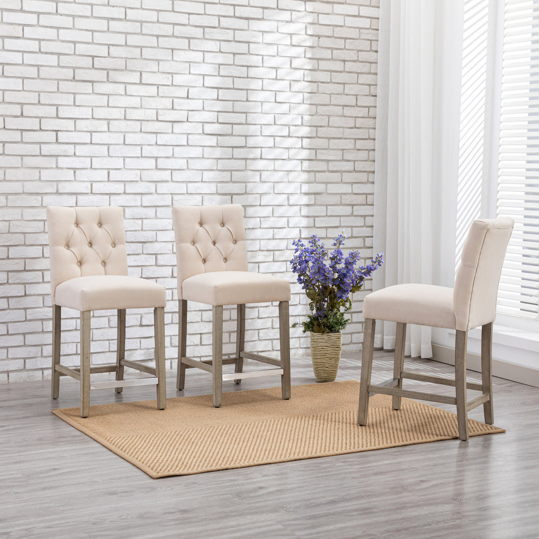 Hayes 24" Linen Fabric Tufted Counter Stool (Set of 3), Antique Gray
