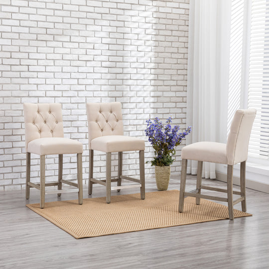 Hayes 24" Linen Fabric Tufted Counter Stool (Set of 3), Antique Gray
