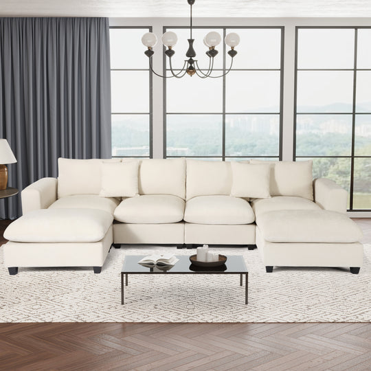 Augusta 128" Chenille Modular U-Shaped Sectional Couch and Chaise With USB/Type-C Ports and Side Pockets