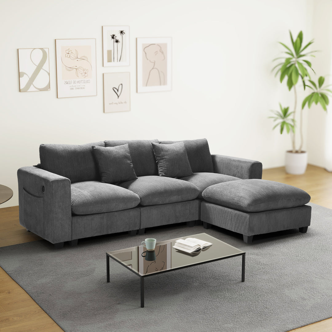 Hearthside 99" Modular Corduroy L-Shaped Sectional Sofa and Chaise With USB/Type-C Ports and Side Pockets