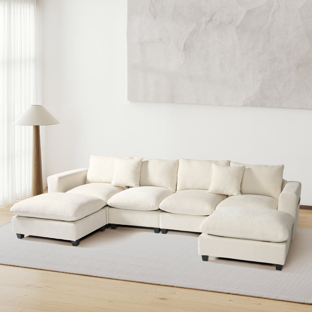 Augusta 128" Chenille Modular U-Shaped Sectional Couch and Chaise With USB/Type-C Ports and Side Pockets