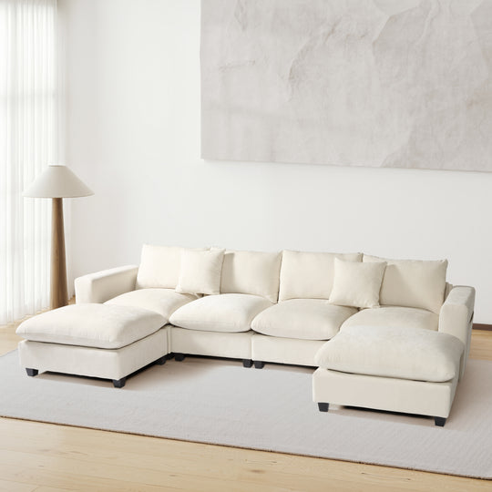 Augusta 128" Chenille Modular U-Shaped Sectional Couch and Chaise With USB/Type-C Ports and Side Pockets