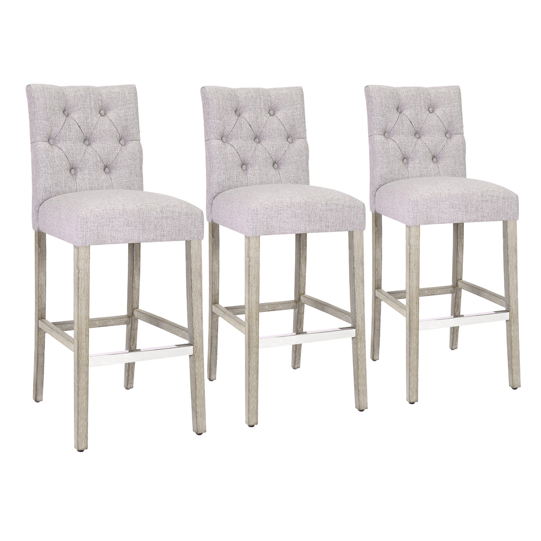 Hayes 29" Linen Fabric Tufted Bar Stool (Set of 3), Antique Gray