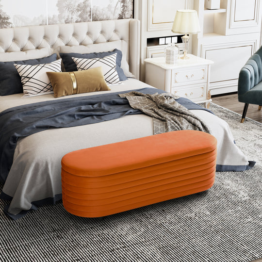 Phoebe 54" Wide Mid-Century Modern Upholstered Velvet Tufted Oval Storage Ottoman Bench