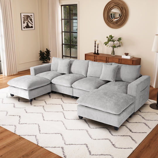 Augusta 128" Chenille Modular U-Shaped Sectional Couch and Chaise With USB/Type-C Ports and Side Pockets