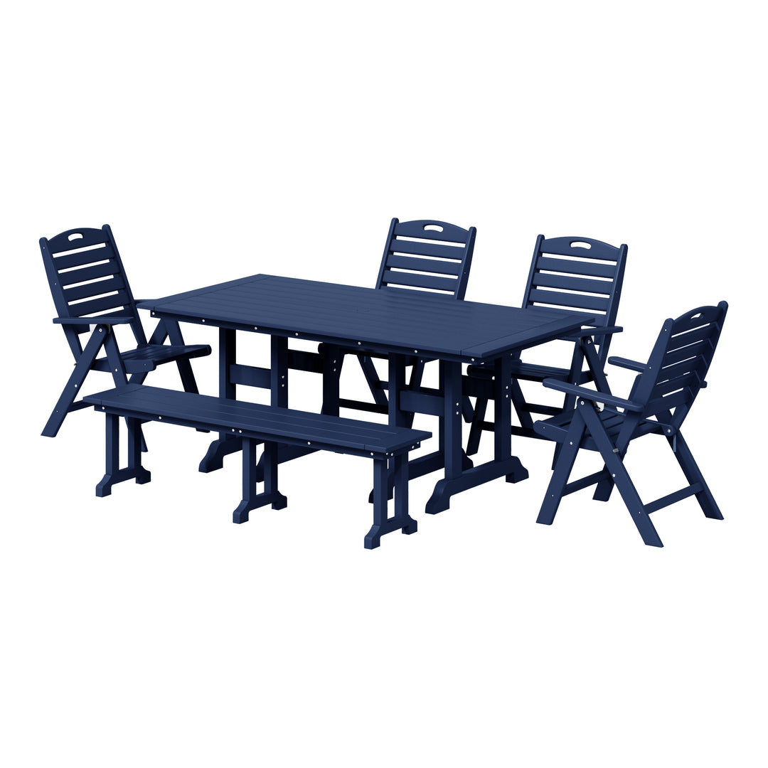 Malibu 6-Piece HDPE Rectangular Patio Dining Table Set with Foldable Chairs and Patio Bench