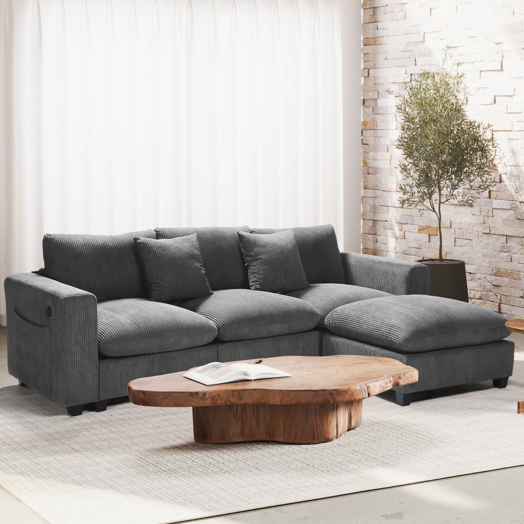 Hearthside 99" Modular Corduroy L-Shaped Sectional Sofa and Chaise With USB/Type-C Ports and Side Pockets
