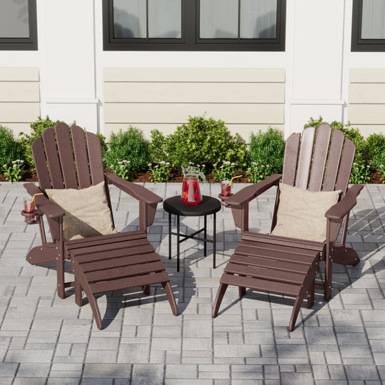 Highland 4-Piece Outdoor Patio HDPE Adirondack Chairs With Ottomans and Cup Holder Set