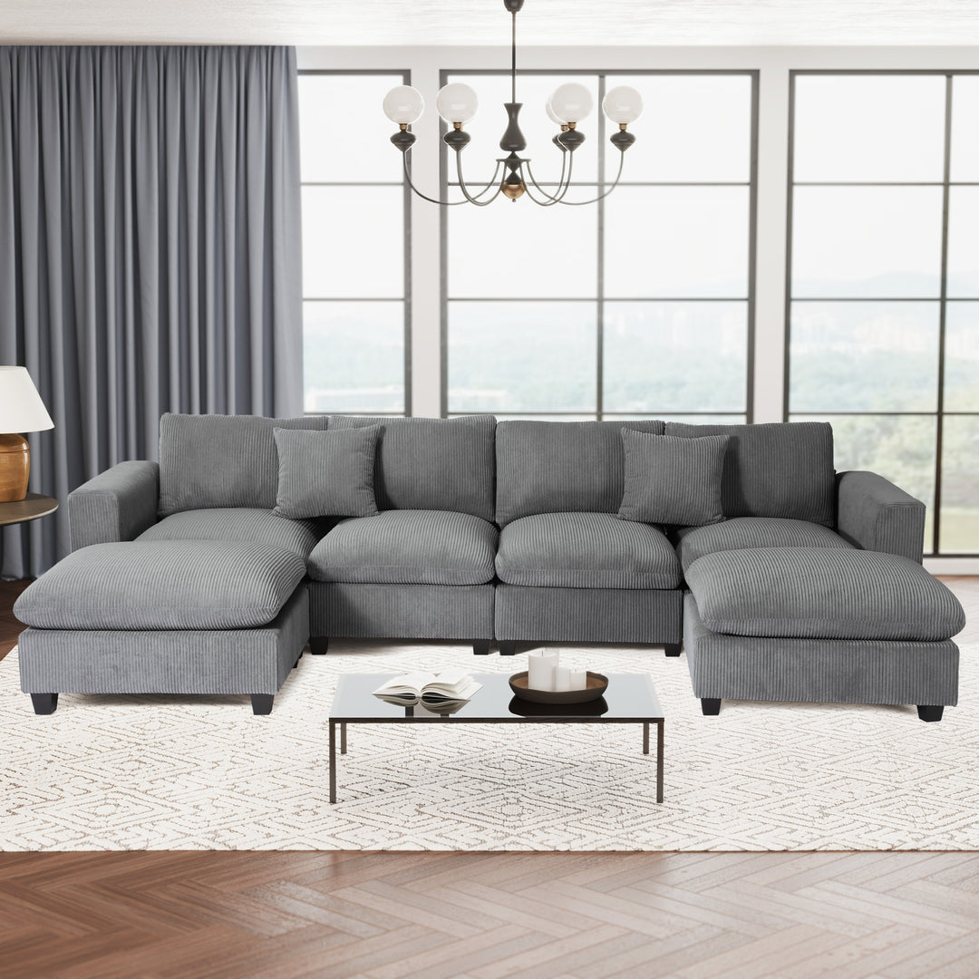 Hearthside 128" Corduroy Modular U-Shaped Sectional Couch and Chaise With USB/Type-C Ports and Side Pockets