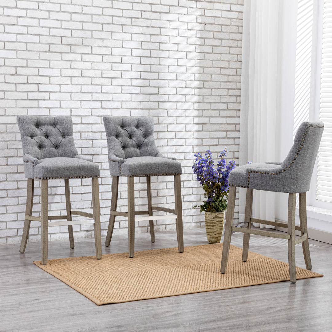 Hayes 29" Upholstered Tufted Wood Bar Stool (Set of 3), Antique Gray