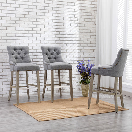 Hayes 29" Upholstered Tufted Wood Bar Stool (Set of 3), Antique Gray
