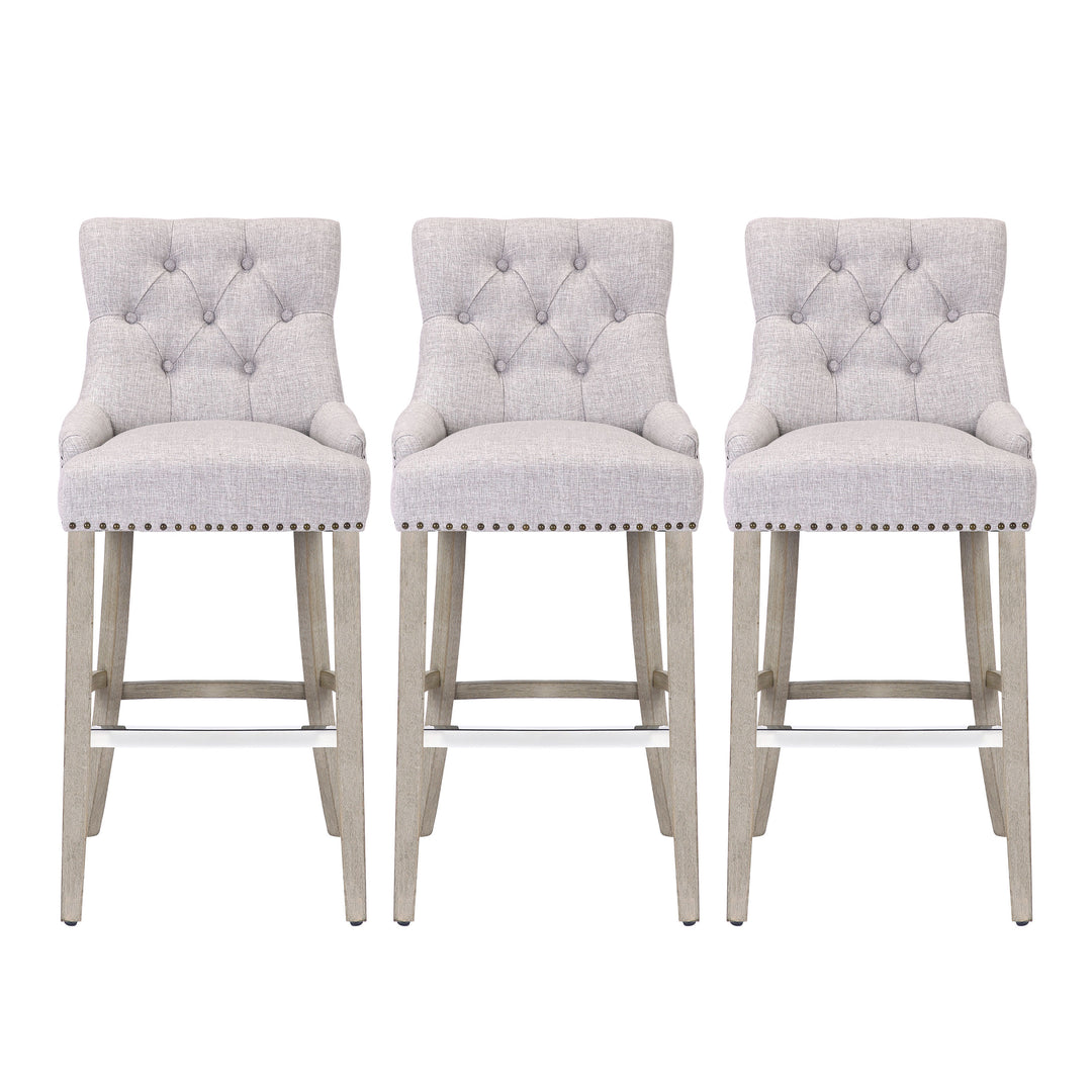 Hayes 29" Upholstered Tufted Wood Bar Stool (Set of 3), Antique Gray