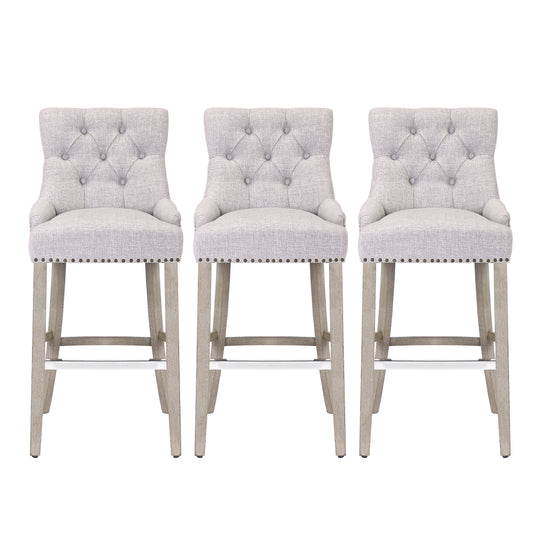 Hayes 29" Upholstered Tufted Wood Bar Stool (Set of 3), Antique Gray