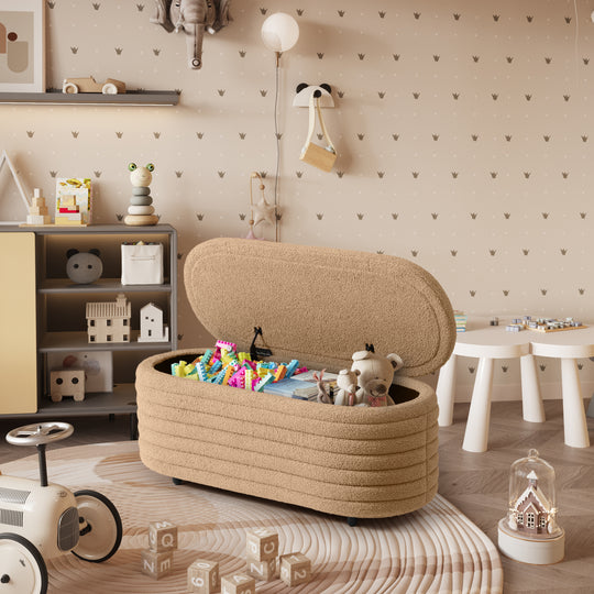 Alexandria 42" Wide Mid-Century Modern Upholstered Teddy Sherpa Tufted Oval Storage Ottoman Bench