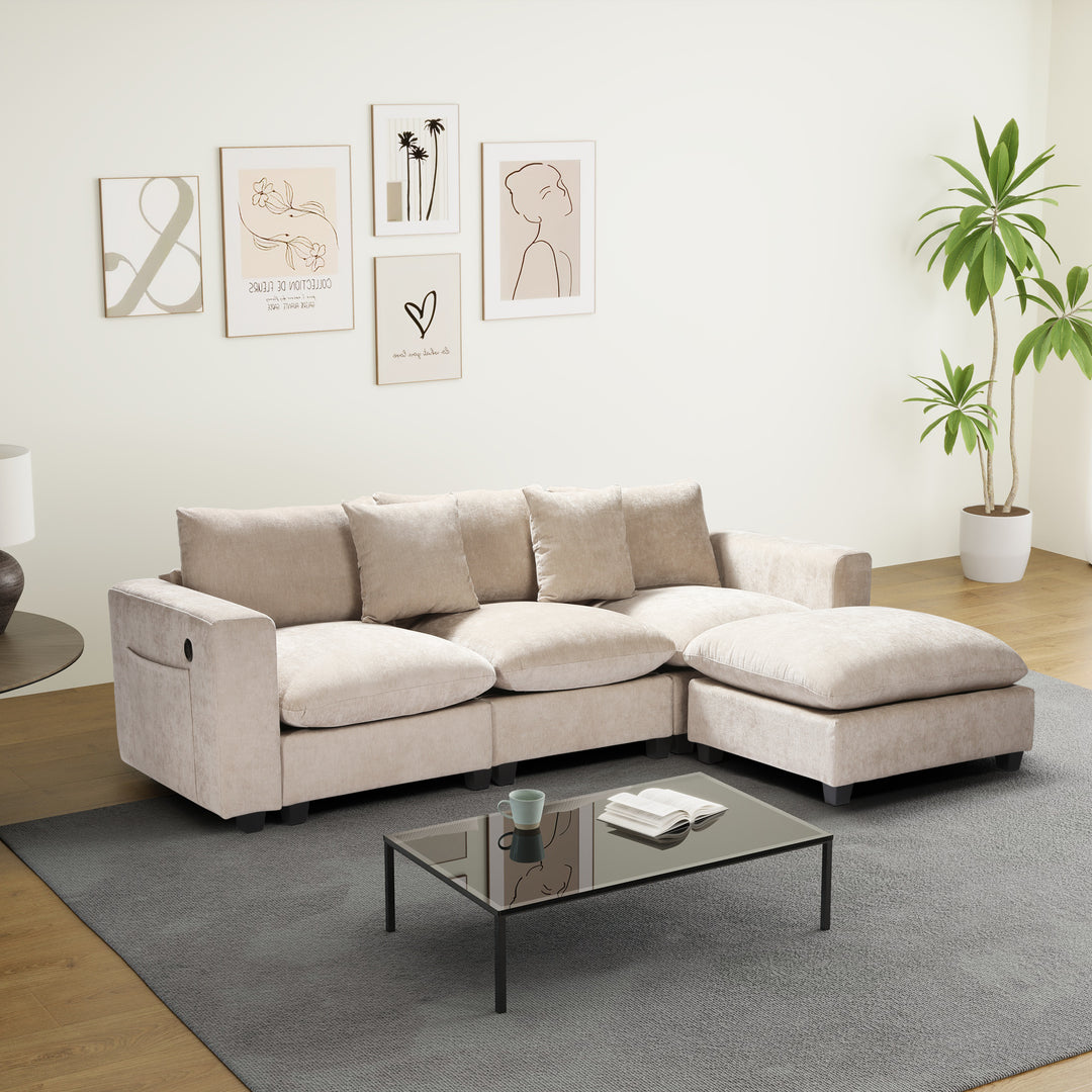 Augusta 99" Modular Chenille L-Shaped Sectional Sofa and Chaise With USB/Type-C Ports and Side Pockets