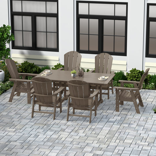 Malibu 7 Piece Outdoor Patio Dining Table and Adirondack Armchair Set