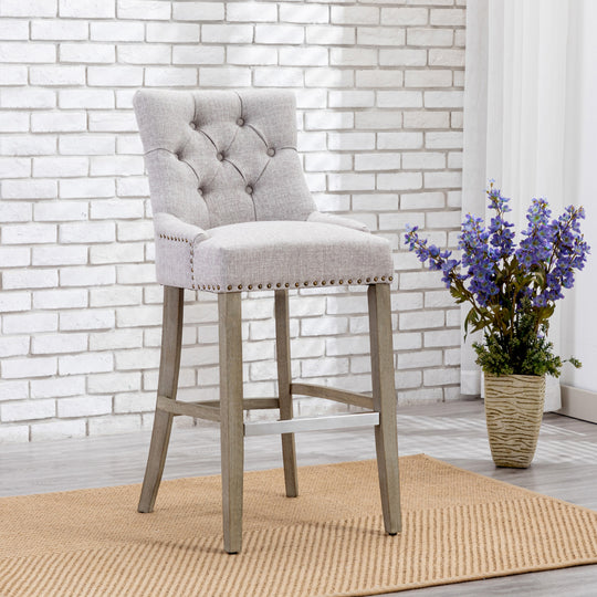 Hayes 29" Upholstered Tufted Wood Bar Stool, Antique Gray