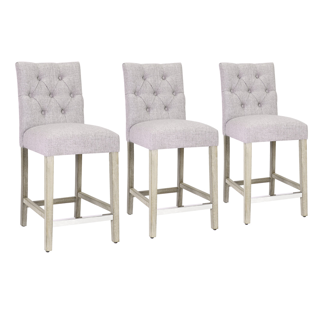 Hayes 24" Linen Fabric Tufted Counter Stool (Set of 3), Antique Gray