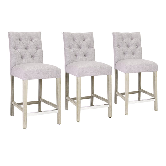Hayes 24" Linen Fabric Tufted Counter Stool (Set of 3), Antique Gray