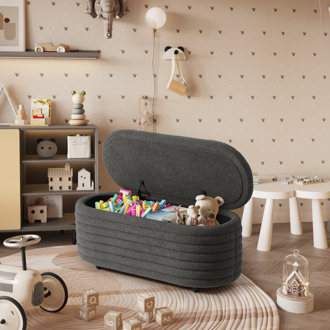 Alexandria 42" Wide Mid-Century Modern Upholstered Teddy Sherpa Tufted Oval Storage Ottoman Bench