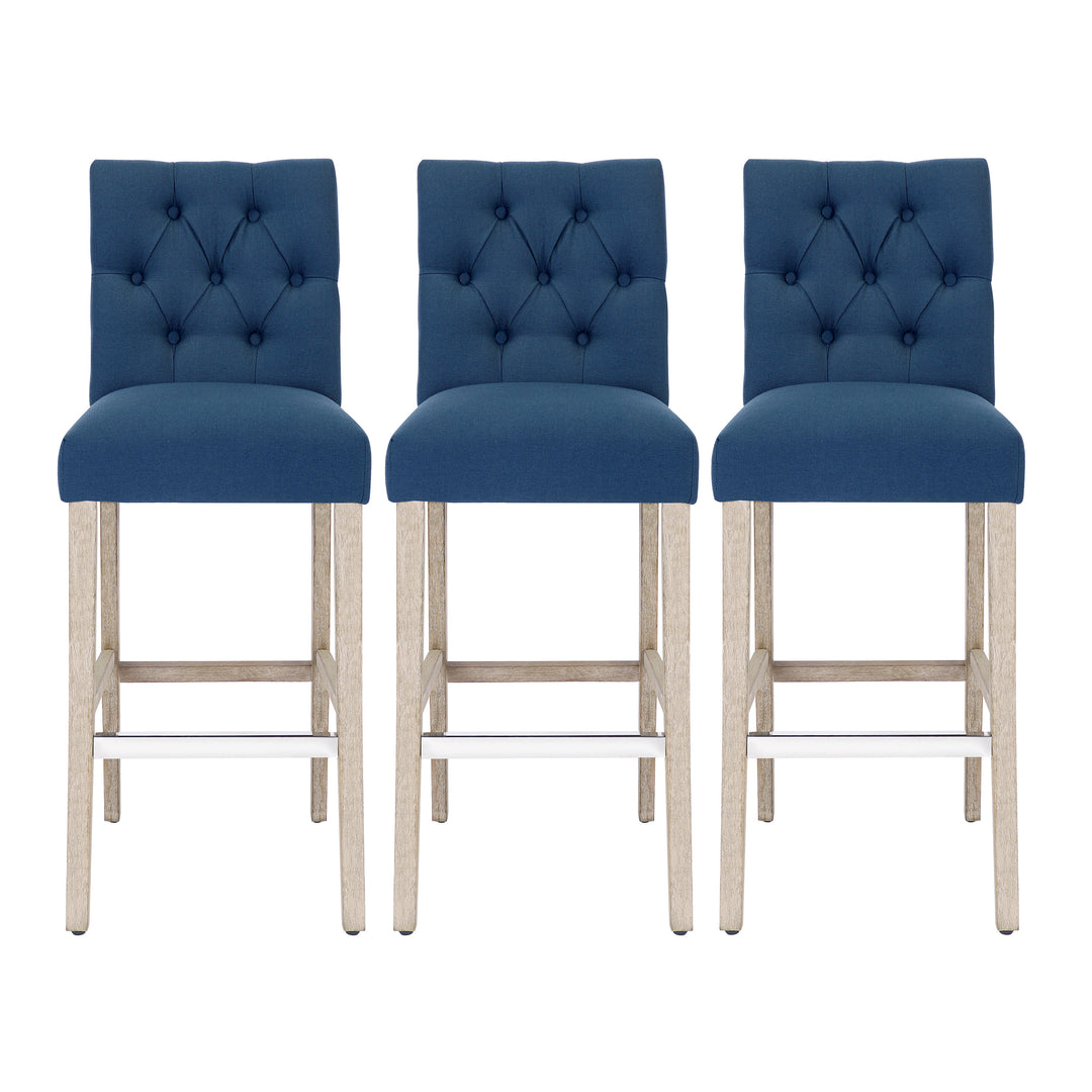 Hayes 29" Linen Fabric Tufted Bar Stool (Set of 3), Antique Gray