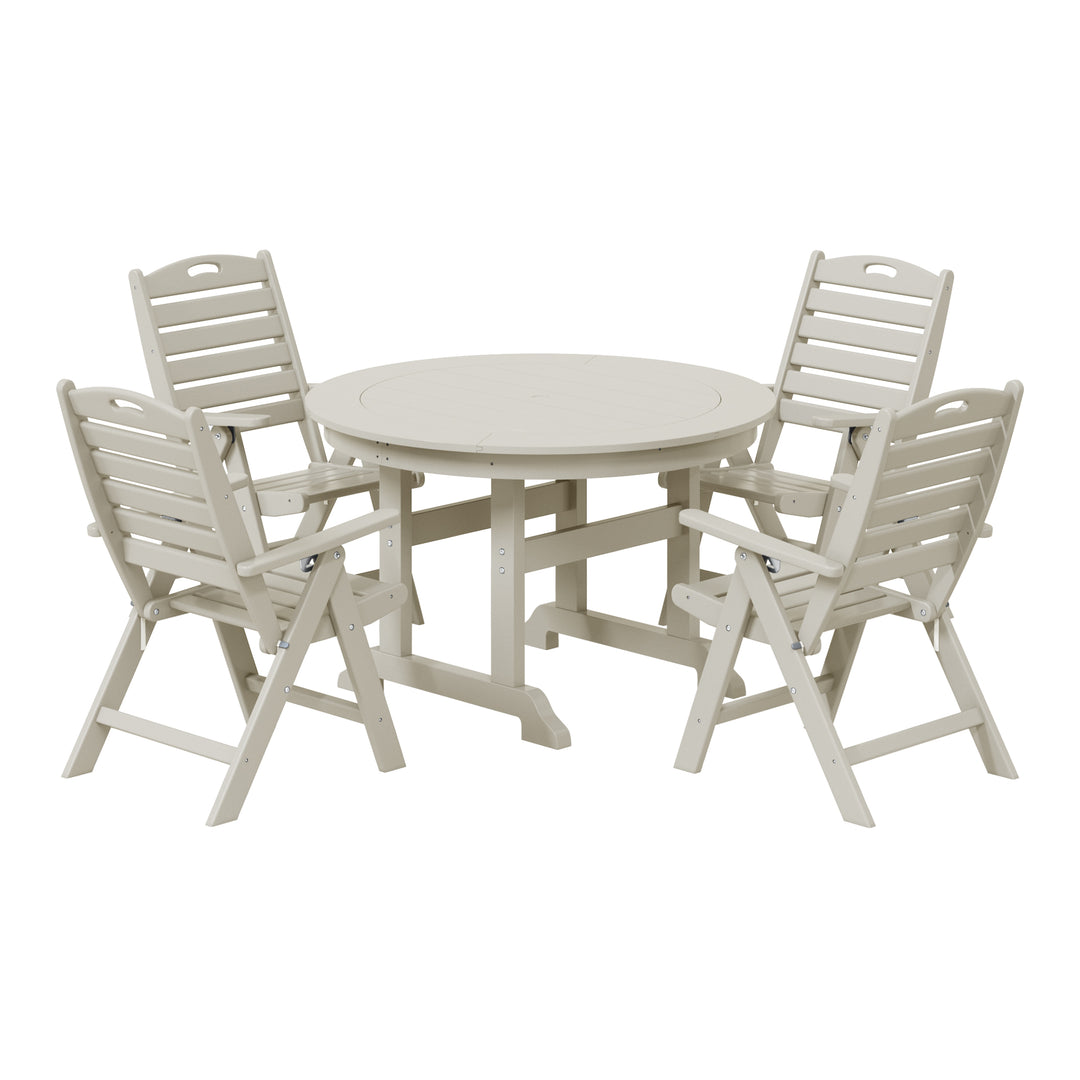 Malibu 5-Piece HDPE Round Patio Dining Table Set with Foldable Chairs