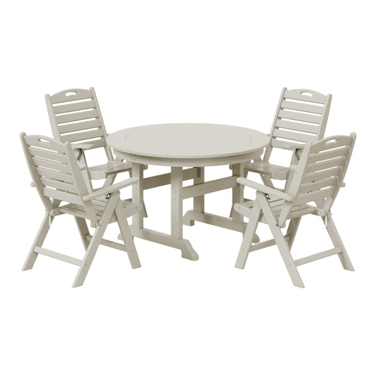 Malibu 5-Piece HDPE Round Patio Dining Table Set with Foldable Chairs