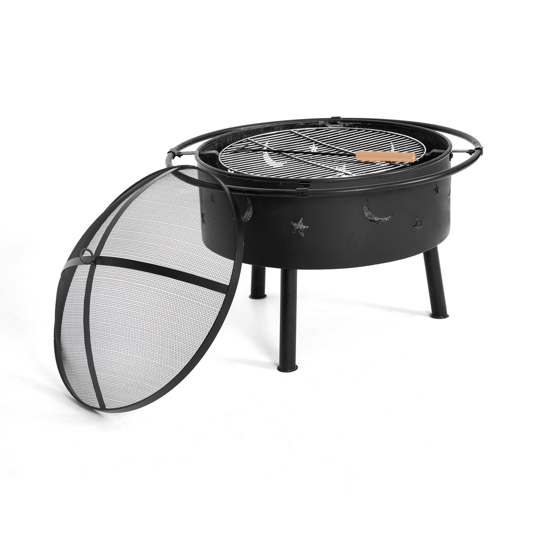 Creekside Outdoor Star and Moon Steel Burning Round Fire Pit with Wire Mesh Lid