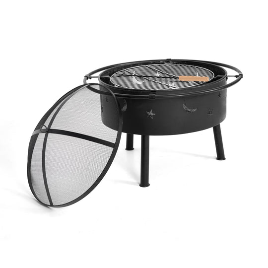 Creekside Outdoor Star and Moon Steel Burning Round Fire Pit with Wire Mesh Lid