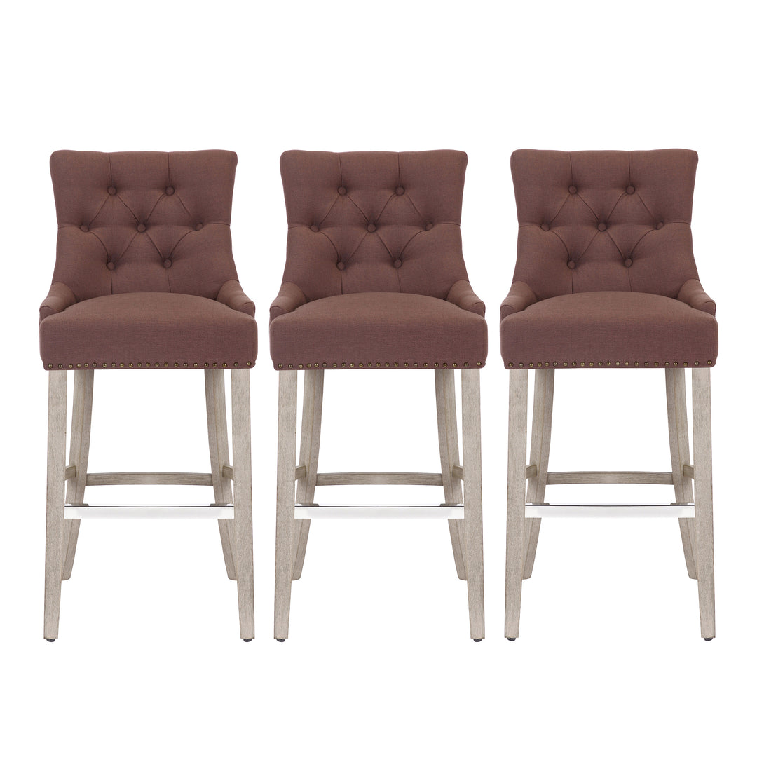 Hayes 29" Upholstered Tufted Wood Bar Stool (Set of 3), Antique Gray