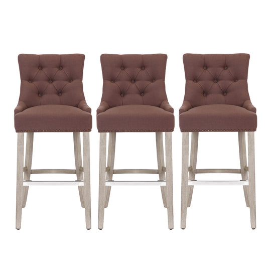 Hayes 29" Upholstered Tufted Wood Bar Stool (Set of 3), Antique Gray