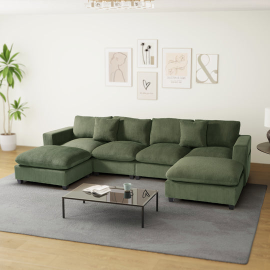 Hearthside 128" Corduroy Modular U-Shaped Sectional Couch and Chaise With USB/Type-C Ports and Side Pockets