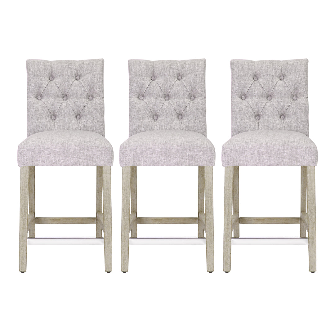Hayes 24" Linen Fabric Tufted Counter Stool (Set of 3), Antique Gray