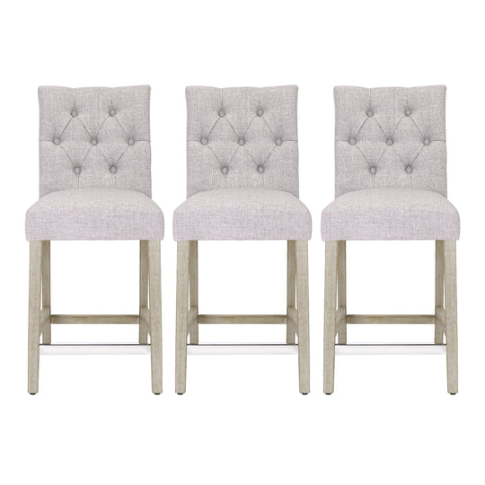 Hayes 24" Linen Fabric Tufted Counter Stool (Set of 3), Antique Gray