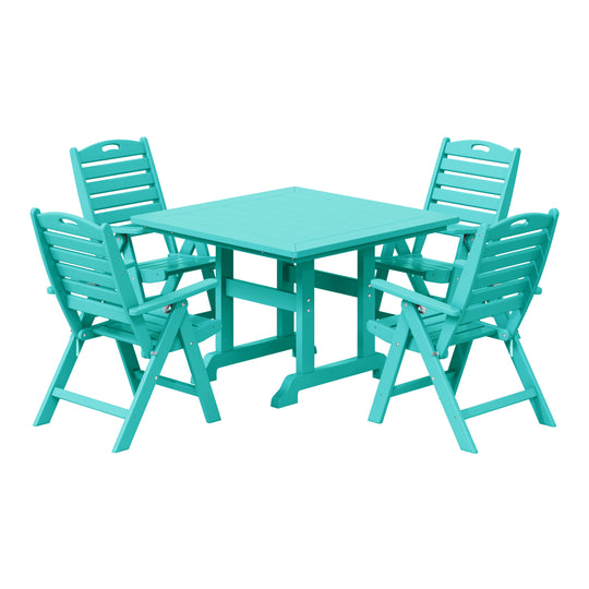 Malibu 5-Piece HDPE Square Patio Dining Table Set with Foldable Chairs
