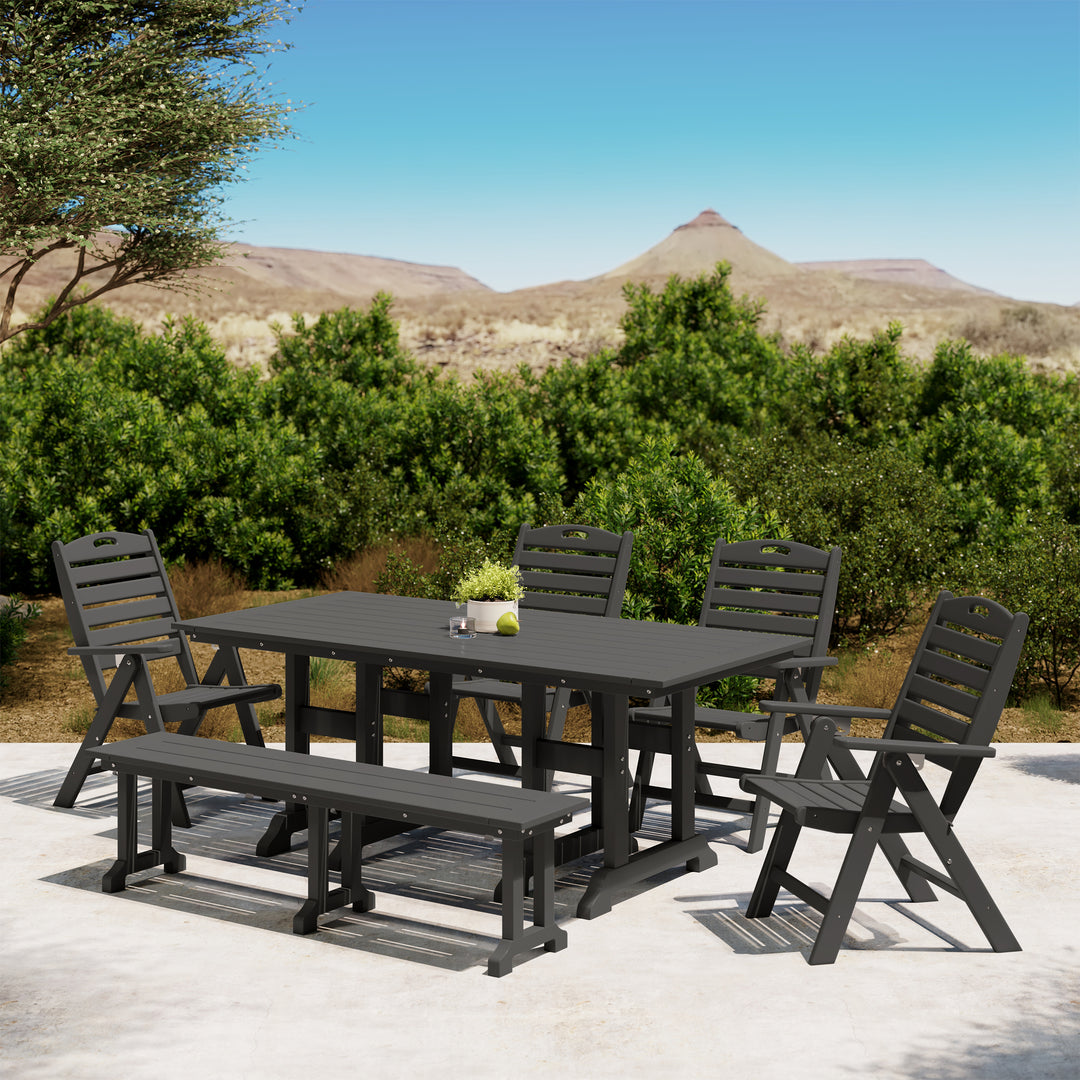 Malibu 6-Piece HDPE Rectangular Patio Dining Table Set with Foldable Chairs and Patio Bench