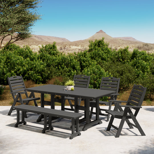 Malibu 6-Piece HDPE Rectangular Patio Dining Table Set with Foldable Chairs and Patio Bench