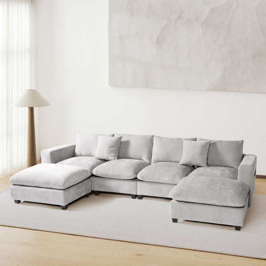 Augusta 128" Chenille Modular U-Shaped Sectional Couch and Chaise With USB/Type-C Ports and Side Pockets