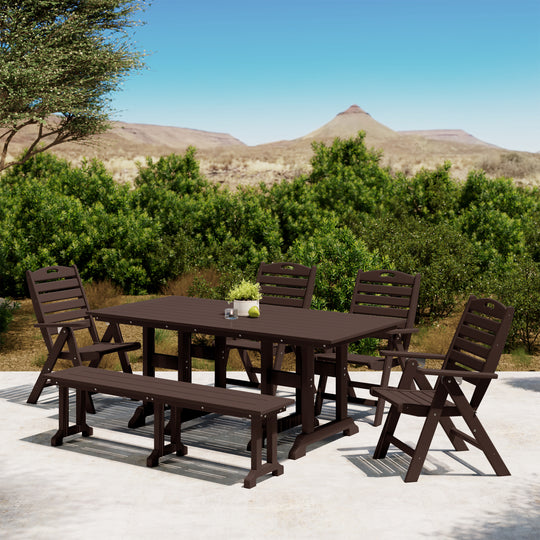 Malibu 6-Piece HDPE Rectangular Patio Dining Table Set with Foldable Chairs and Patio Bench