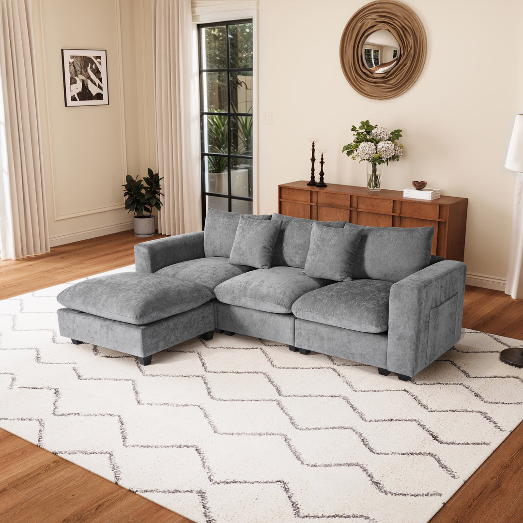 Augusta 99" Modular Chenille L-Shaped Sectional Sofa and Chaise With USB/Type-C Ports and Side Pockets