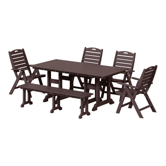 Malibu 6-Piece HDPE Rectangular Patio Dining Table Set with Foldable Chairs and Patio Bench