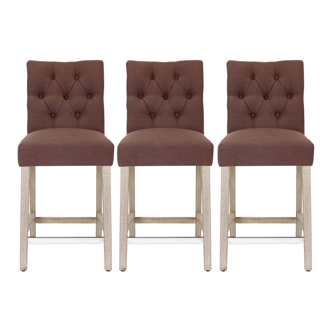Hayes 24" Linen Fabric Tufted Counter Stool (Set of 3), Antique Gray