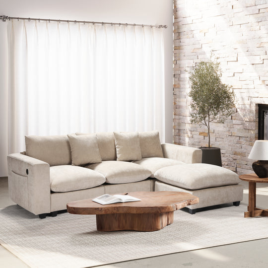 Augusta 99" Modular Chenille L-Shaped Sectional Sofa and Chaise With USB/Type-C Ports and Side Pockets