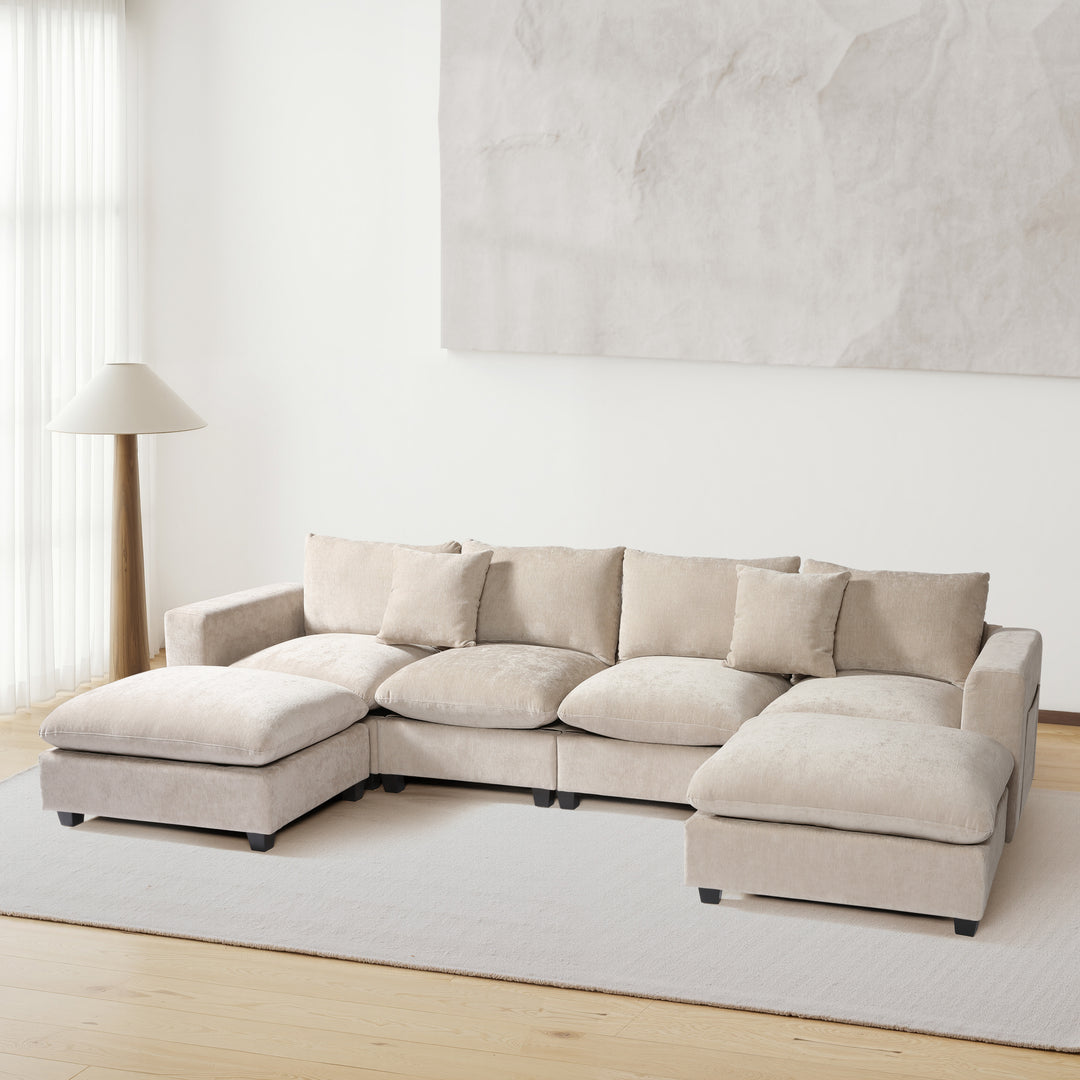 Augusta 128" Chenille Modular U-Shaped Sectional Couch and Chaise With USB/Type-C Ports and Side Pockets