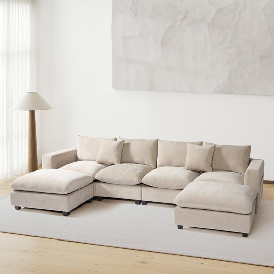 Augusta 128" Chenille Modular U-Shaped Sectional Couch and Chaise With USB/Type-C Ports and Side Pockets