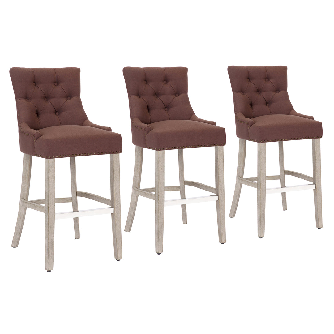 Hayes 29" Upholstered Tufted Wood Bar Stool (Set of 3), Antique Gray