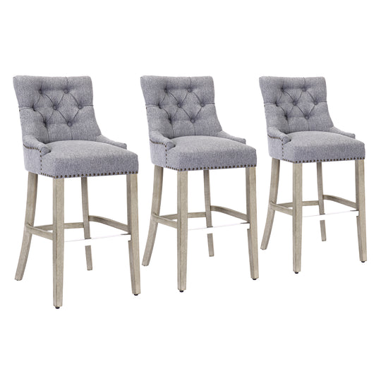 Hayes 29" Upholstered Tufted Wood Bar Stool (Set of 3), Antique Gray