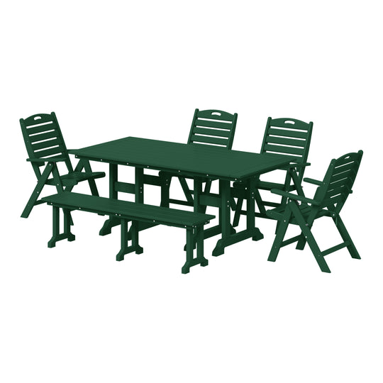 Malibu 6-Piece HDPE Rectangular Patio Dining Table Set with Foldable Chairs and Patio Bench