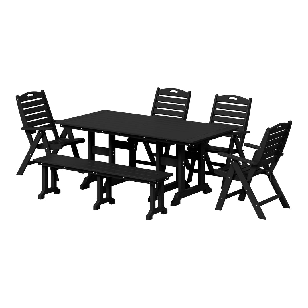Malibu 6-Piece HDPE Rectangular Patio Dining Table Set with Foldable Chairs and Patio Bench